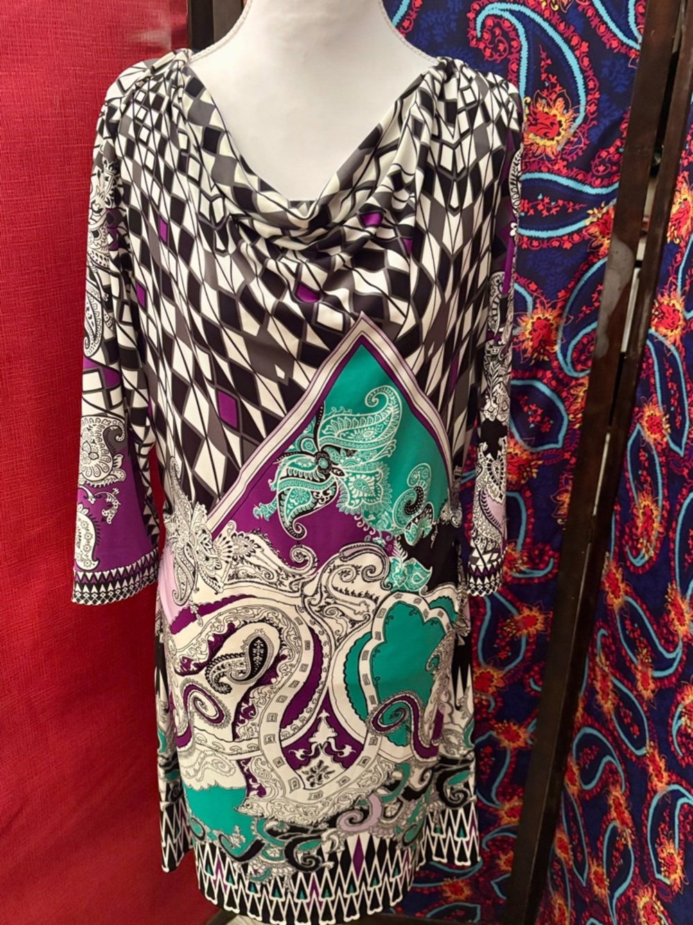 Nine West Black, Purple & Teal Paisley light semi cowl neck dress